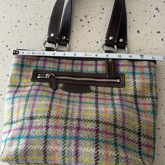 COACH Penelope Wool Tattersall Tweed Leather Trim Tote Shoulder Hand Bag Top Zip - Picture 6 of 13